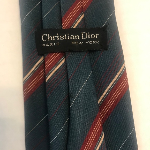 CHRISTIAN DIOR Luxury Tie Slate Blue Tan Red Stripe Tie Paris New York  3.25” - Picture 7 of 13